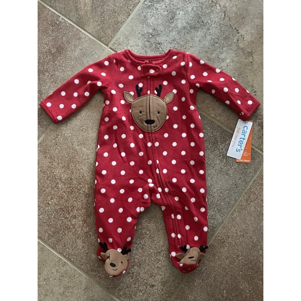 Carter's Red Polka Dot Christmas Fleece Reindeer Footie Pajamas Size 3M NWT